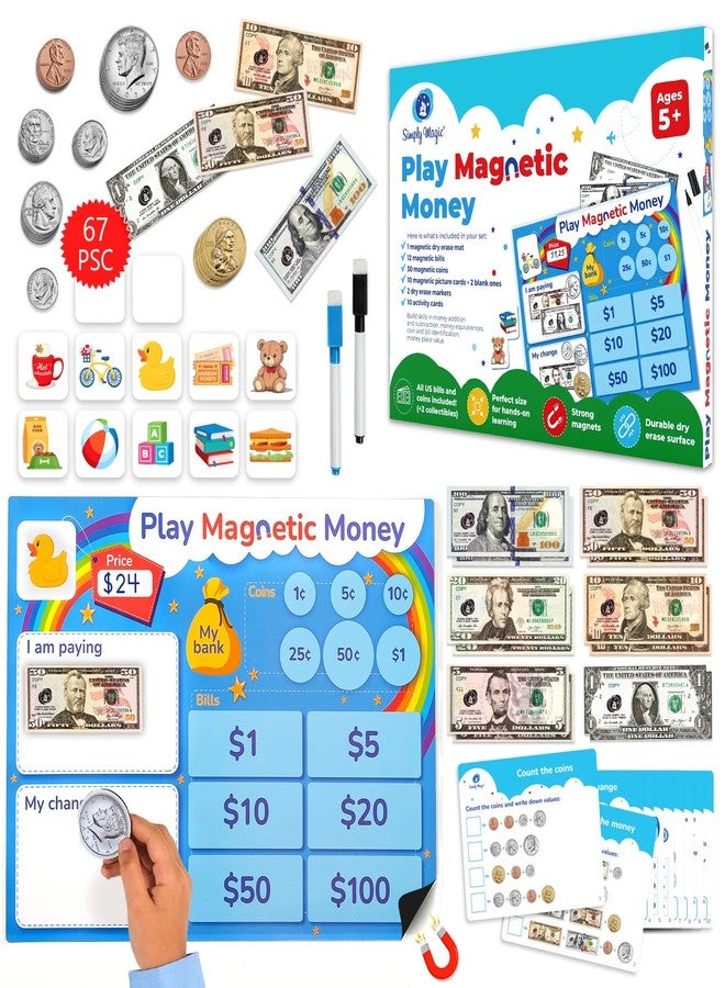 Simply magic 67 PCS Play Money for Teaching - Magnetic Money for Classroom Activity Set, Pretend Play Money Magnets for Kids, Money Manipulatives & Games, Toy Toddler Money, Learning Coins, Bills - Image 1